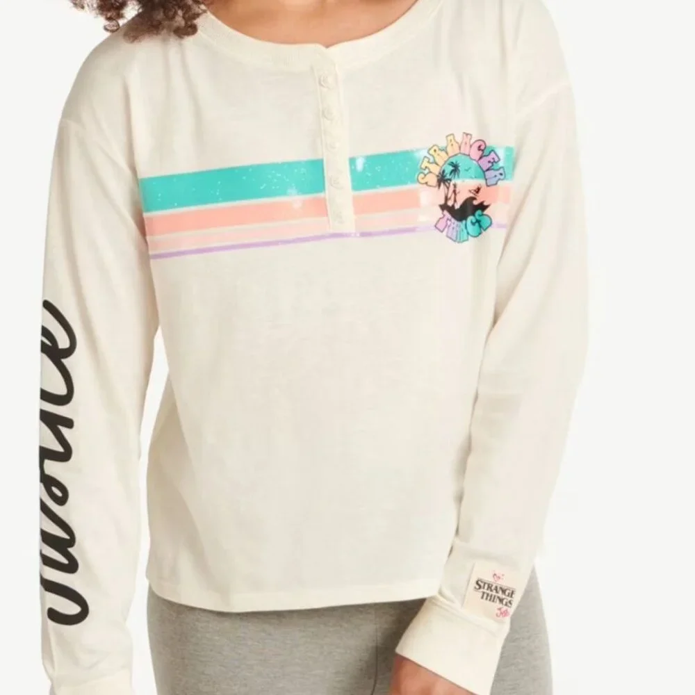 Justice STRANGER THINGS Long Sleeve Creme Henley Shirt GIRLS SIZE XS 5-6 NEW